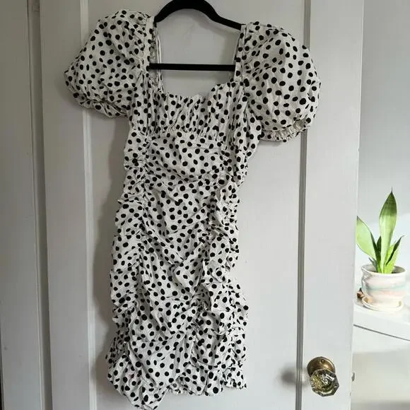 Zara Polka Dot Ruched Puff Cap Sleeve Ruffle Hem Mini Dress - Picture 2 of 9